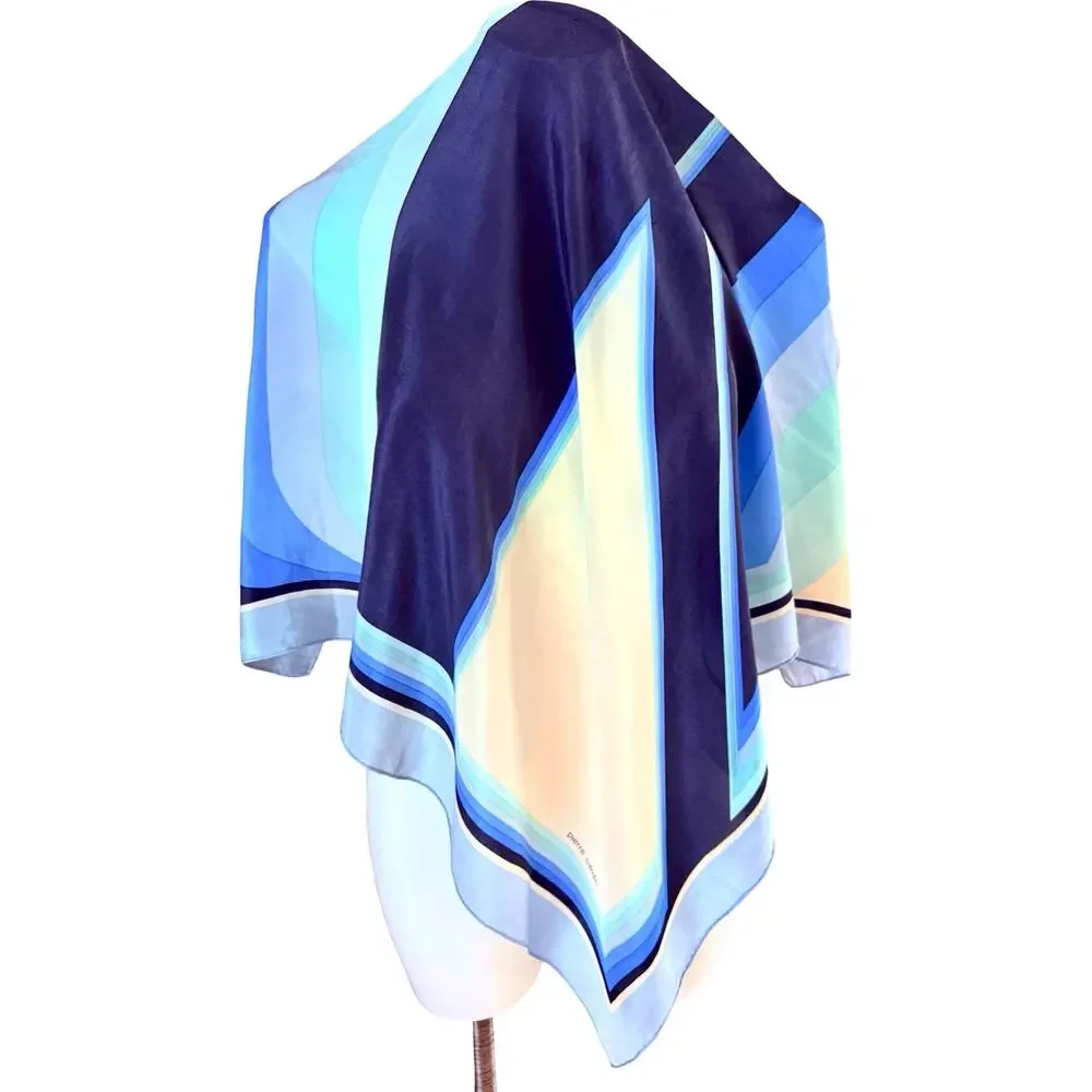 Vintage Pierre Cardin Silk Scarf 30” Navy Blue Geometric Op Art 1970s Designer